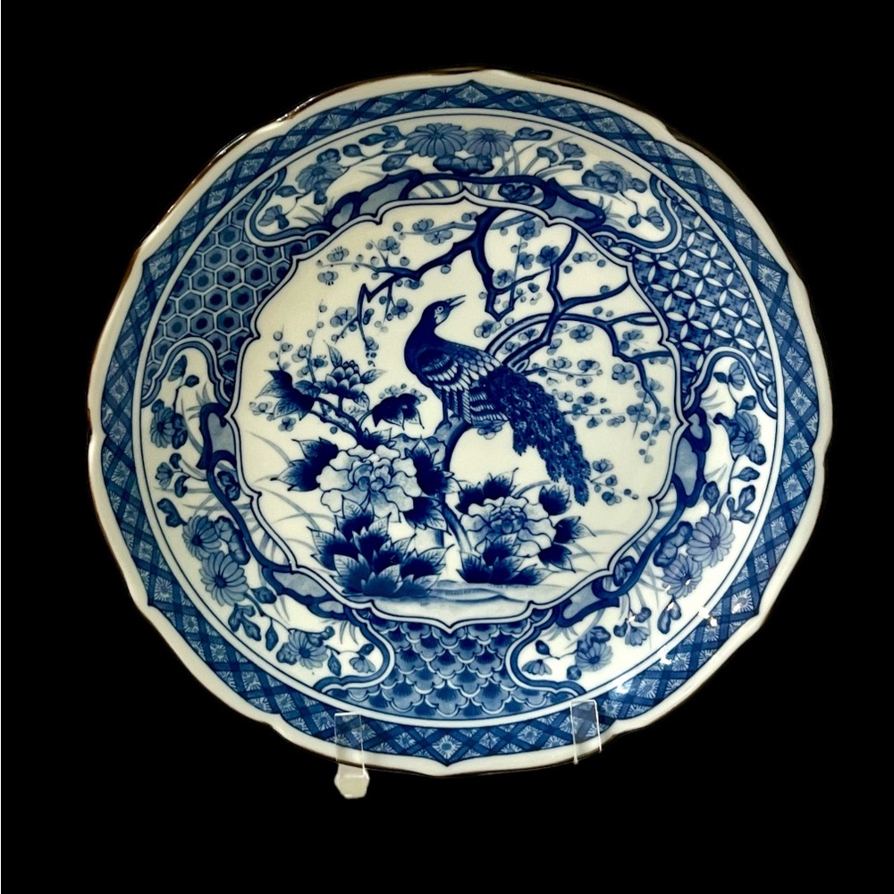 Oriental Blue & White Porcelain Bowl Charger Plate Signed w/Peacock Floral 10”